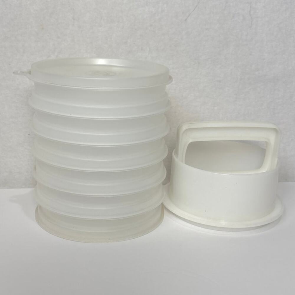Vintage Tupperware Burger Patty 6 Keepers Press Ring And Lid 9 Pc 4.5” Wide